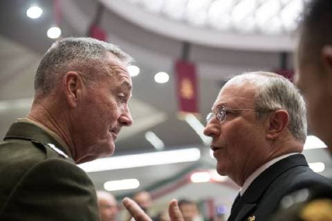 September 13, 2018 - Mexico City, Mexico - U.S. Marine Corps Gen. Joe Dunford, chairman of the Joint Chiefs of Staff, speaks with Mexican Adm. Vidal Francisco Soberon Sanz, Secretary of the Navy, after dinner and a Military Parade at the Heroic Collegio Militar (Military Academy) in Mexico City, Mexico, Sept. 13, 2018. (DoD U.S. Army Sgt. James K. McCann) US Joint Staff via globallookpress.com Mexico City Mexico - ZUMAic07 20180913_zan_ic07_070 Copyright: xUsxJointxStaffx