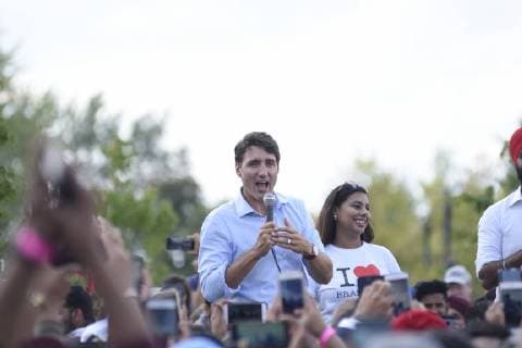 September 15, 2018 - Brampton, Ontario, Canada - Prime Minister Justin Trudeau delivering remarks to volunteers and supporters during a community BBQ in Brampton, Ontario on September 15, 2018 Brampton Canada  - ZUMAn230 20180915_zaa_n230_1278 Copyright: xArindamxShivaanix