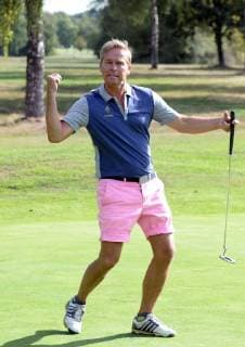 Hamburg the 17 September 2018 Numerous celebrities played a charity golf tournament today at Golf Club Treudelberg in Hamburg Already yesterday, the Players Night of the Eagles Charity Golf Club took place at the Steigenberger Hotel Treudelberg Image info NDR presenter Hinnerk Baumgarten in pink golf pants was also joking during the game Michael Stich Manfred Kaltz and Hinnerk