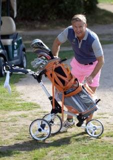 Hamburg the 17 September 2018 Numerous celebrities played a charity golf tournament today at Golf Club Treudelberg in Hamburg Already yesterday, the Players Night of the Eagles Charity Golf Club took place at the Steigenberger Hotel Treudelberg Image info NDR presenter Hinnerk Baumgarten in pink golf pants was also joking during the game Michael Stich Manfred Kaltz and Hinnerk