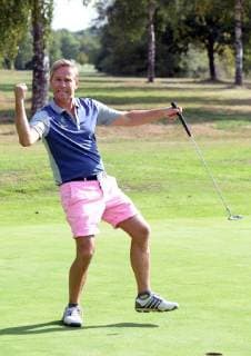 Hamburg the 17 September 2018 Numerous celebrities played a charity golf tournament today at Golf Club Treudelberg in Hamburg Already yesterday, the Players Night of the Eagles Charity Golf Club took place at the Steigenberger Hotel Treudelberg Image info NDR presenter Hinnerk Baumgarten in pink golf pants was also joking during the game Michael Stich Manfred Kaltz and Hinnerk
