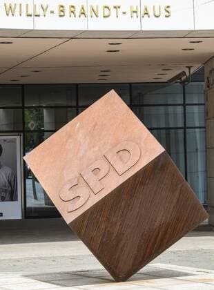Metal cube and SPD lettering at the entrance to the Willy Brandt House in Berlin of the Federal Center of the Social Democratic Party of Germany