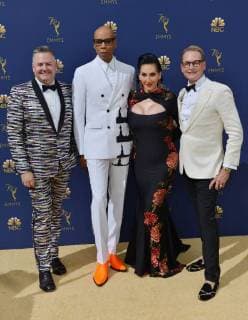 (L-R) Ross Mathews, RuPaul, Michelle Visage and Carson Kressley attend the 70th annual Primetime Emmy Award at the Microsoft Theater in downtown Los Angeles on September 17, 2018.  LAP20180917063 CHRISTINExCHEW