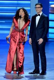 Sandra Oh and Andy Samberg (R) onstage during the 70th annual Primetime Emmy Awards at the Microsoft Theater in downtown Los Angeles on September 17, 2018.  LAP20180917605 JIMxRUYMEN