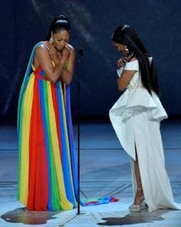 Tiffany Haddish and Angela Bassett onstage during the 70th annual Primetime Emmy Awards at the Microsoft Theater in downtown Los Angeles on September 17, 2018.  LAP20180917616 JIMxRUYMEN