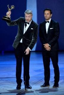 Charlie Brooker (L) and William Bridges accept the Outstanding Writing for a Limited Series, Movie, or Dramatic Special award for Black Mirror: USS Callister , onstage during the 70th annual Primetime Emmy Awards at the Microsoft Theater in downtown Los Angeles on September 17, 2018.  LAP201809171014 JIMxRUYMEN
