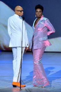 RuPaul (L) and Leslie Jones perform onstage during the 70th annual Primetime Emmy Awards at the Microsoft Theater in downtown Los Angeles on September 17, 2018.  LAP201809171022 JIMxRUYMEN