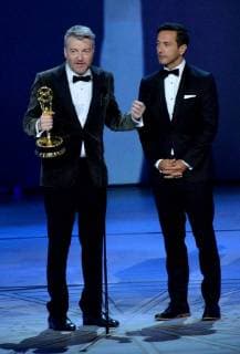 Charlie Brooker (L) and William Bridges accept the Outstanding Writing for a Limited Series, Movie, or Dramatic Special award for Black Mirror: USS Callister , onstage during the 70th annual Primetime Emmy Awards at the Microsoft Theater in downtown Los Angeles on September 17, 2018.  LAP201809171011 JIMxRUYMEN