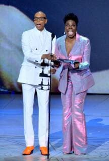 RuPaul (L) and Leslie Jones perform onstage during the 70th annual Primetime Emmy Awards at the Microsoft Theater in downtown Los Angeles on September 17, 2018.  LAP201809171025 JIMxRUYMEN