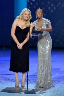 Elisabeth Moss (L) and Samira Wiley appear onstage during the 70th annual Primetime Emmy Awards at the Microsoft Theater in downtown Los Angeles on September 17, 2018.  LAP201809171037 JIMxRUYMEN