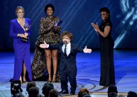 Samantha Bee (L) and Taraji P. Henson present the award for Outstanding Supporting Actor in a Drama Series Game of Thrones to Peter Dinklage (R) onstage during the 70th annual Primetime Emmy Awards at the Microsoft Theater in downtown Los Angeles on September 17, 2018.  LAP201809171052 JIMxRUYMEN
