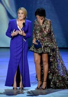 Samantha Bee (L) and Taraji P. Henson speak onstage during the 70th annual Primetime Emmy Awards at the Microsoft Theater in downtown Los Angeles on September 17, 2018.  LAP201809171054 JIMxRUYMEN