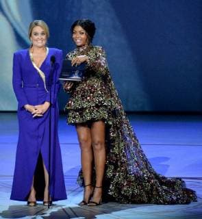 Samantha Bee (L) and Taraji P. Henson speak onstage during the 70th annual Primetime Emmy Awards at the Microsoft Theater in downtown Los Angeles on September 17, 2018.  LAP201809171055 JIMxRUYMEN