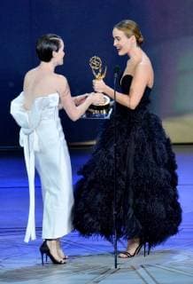 Claire Foy accepts the award for Outstanding Lead Actress in a Drama Series The Crown from presenter Sarah Paulson onstage during the 70th annual Primetime Emmy Awards at the Microsoft Theater in downtown Los Angeles on September 17, 2018.  LAP201809171061 JIMxRUYMEN