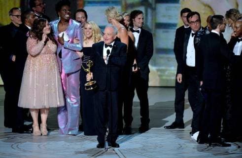 Lorne Michaels (C) and cast accepts the Outstanding Variety Sketch Series award for Saturday Night Live onstage during the 70th annual Primetime Emmy Awards at the Microsoft Theater in downtown Los Angeles on September 17, 2018.  LAP201809171069 JIMxRUYMEN