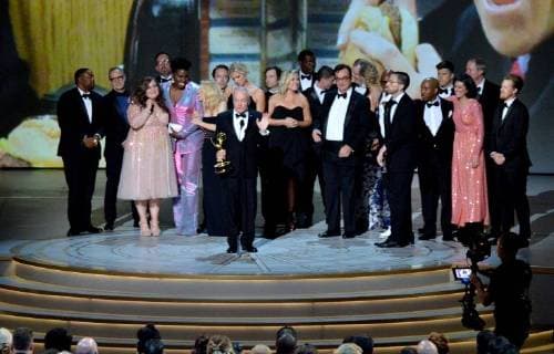 Lorne Michaels (C) and cast accepts the Outstanding Variety Sketch Series award for Saturday Night Live onstage during the 70th annual Primetime Emmy Awards at the Microsoft Theater in downtown Los Angeles on September 17, 2018.  LAP201809171070 JIMxRUYMEN