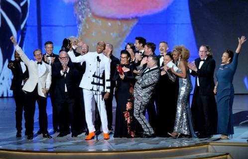 RuPaul (C) and cast and crew accept the Outstanding Reality-Competition Program for RuPaul s Drag Race onstage during the 70th annual Primetime Emmy Awards at the Microsoft Theater in downtown Los Angeles on September 17, 2018.  LAP201809171079 JIMxRUYMEN