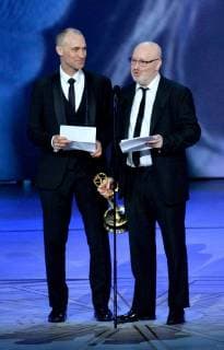 Joel Fields (R) and Joe Weisberg accept the award for Outstanding Writing for a Drama Series The American onstage during the 70th annual Primetime Emmy Awards at the Microsoft Theater in downtown Los Angeles on September 17, 2018.  LAP201809171101 JIMxRUYMEN