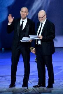 Joel Fields (R) and Joe Weisberg accept the award for Outstanding Writing for a Drama Series The American onstage during the 70th annual Primetime Emmy Awards at the Microsoft Theater in downtown Los Angeles on September 17, 2018.  LAP201809171102 JIMxRUYMEN