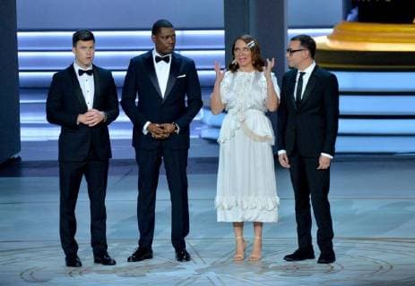 (L-R) Colin Jost, Michael Che, Maya Rudolph, and Fred Armisen appear onstage during the 70th annual Primetime Emmy Awards at the Microsoft Theater in downtown Los Angeles on September 17, 2018.  LAP201809171127 JIMxRUYMEN