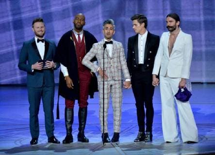 (L-R) Bobby Berk, Karamo Brown, Tan France, Antoni Porowski, and Jonathan Van Ness speak onstage during the 70th annual Primetime Emmy Awards at the Microsoft Theater in downtown Los Angeles on September 17, 2018.  LAP201809171111 JIMxRUYMEN