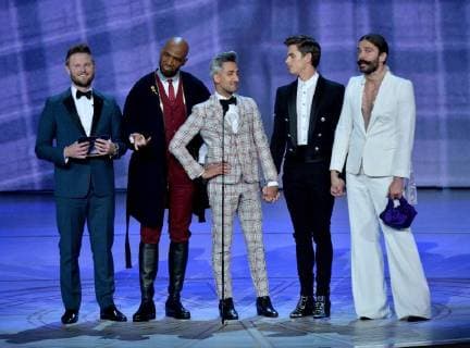 (L-R) Bobby Berk, Karamo Brown, Tan France, Antoni Porowski, and Jonathan Van Ness speak onstage during the 70th annual Primetime Emmy Awards at the Microsoft Theater in downtown Los Angeles on September 17, 2018.  LAP201809171112 JIMxRUYMEN