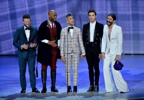 (L-R) Bobby Berk, Karamo Brown, Tan France, Antoni Porowski, and Jonathan Van Ness speak onstage during the 70th annual Primetime Emmy Awards at the Microsoft Theater in downtown Los Angeles on September 17, 2018.  LAP201809171113 JIMxRUYMEN