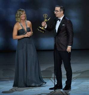 John Oliver and Liz Stanton accept the Outstanding Variety Talk Series award for Last Week Tonight with John Oliver onstage during the 70th annual Primetime Emmy Awards at the Microsoft Theater in downtown Los Angeles on September 17, 2018.  LAP201809172003 JIMxRUYMEN