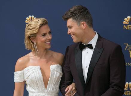 September 17, 2018 - Los Angeles, California, U.S - Scarlett Johansson (L) and Colin Jost on the red carpet of the 70th Annual Primetime Emmy Awards held at the Microsoft Theater on Monday September 17, 2018 in Los Angeles, California. Los Angeles U.S. - ZUMAp124 20180917_zaa_p124_021 Copyright: xJavierxRojasx