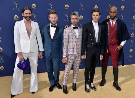 (L-R) Jonathan Van Ness, Bobby Berk, Tan France, Antoni Porowski, and Karamo Brown attend the 70th annual Primetime Emmy Award at the Microsoft Theater in downtown Los Angeles on September 17, 2018.  LAP201809171152 CHRISTINExCHEW