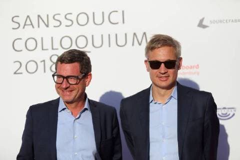 Kai Diekmann and Ulf Poschardt Editor-in-Chief Die Welt v l attend the M100 Media Award ceremony Deniz Yücel at the Potsdam Museum in Potsdam 18 September 2018 M100 Media Award