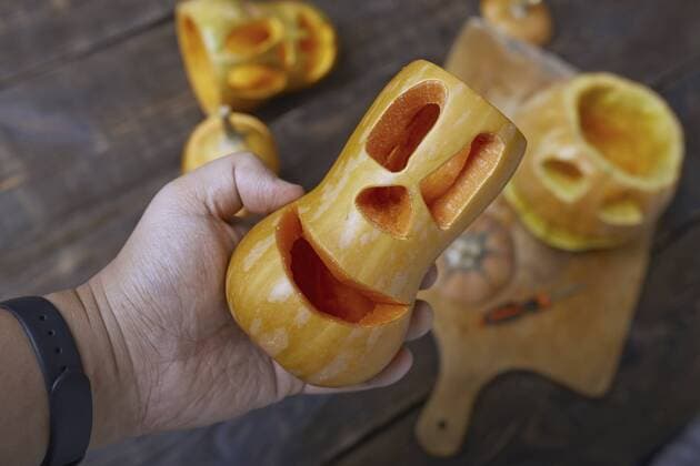 Man holding carved Halloween pumpkin model released Symbolfoto  AZF00002