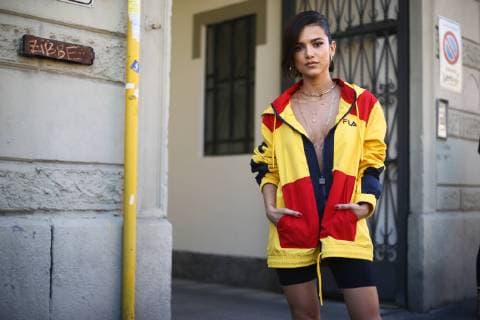 A chic showgoer posing on the street outside of the Dolce & Gabbana show during Milan Fashion Week - Sept 23, 2018 - MFW: Spring 2019 Street Style Day 5, Milan Italy  Copyright: xValentinaxRanierix h_00551109