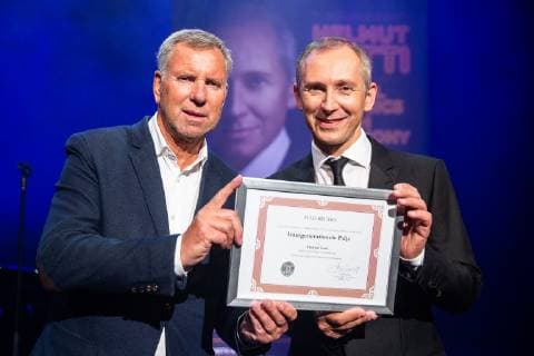 Brussels alderman Alain Courtois and Singer Helmut Lotti aka Helmut Lotigiers a ceremony to award the Brussels Intergenerational Award to Belgian singer Helmut Lotti, Wednesday 26 September 2018 at the Brussels City Hall.  JAMESxARTHURxGEKIERE 05434351