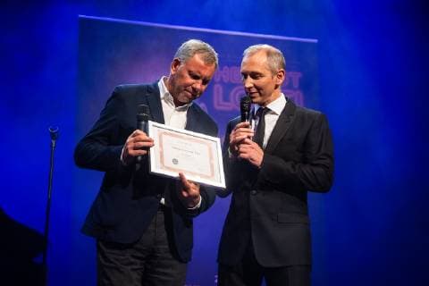 Brussels alderman Alain Courtois and Singer Helmut Lotti aka Helmut Lotigiers a ceremony to award the Brussels Intergenerational Award to Belgian singer Helmut Lotti, Wednesday 26 September 2018 at the Brussels City Hall.  JAMESxARTHURxGEKIERE 05434356