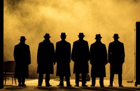 Choral soloists as a black silhouette in front of a yellow orange background on 26 09 2018 during a photo rehearsal for the music theater Psychothriller DIE TOTE STADT in the Berlin Komische Oper Unter den Linden Premiere 30 09 2018 The dead city of Berlin