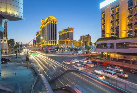 View of traffic and trail lights on The Strip at dusk, Las Vegas Boulevard, Las Vegas, Nevada, United States of America, North America Copyright: FrankxFell 844-16911