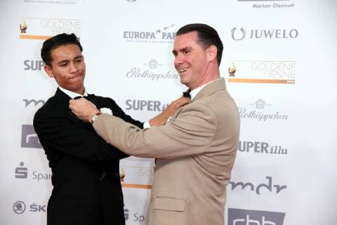 Andrej Hermlin with son David Hermlin at the Goldene Henne 2018 in the fair Leipzig on 28 09 2018 Red carpet