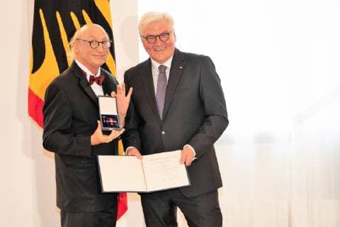 Otto Waalkes Frank Walter Steinmeier Federal Cross of Merit awarded by Federal President Frank Walter Steinmeier to a total of 29 personalities at Schloss Bellevue Order of Merit of the Federal Republic of Germany Berlin Berlin Germany Schloss Bellevue
