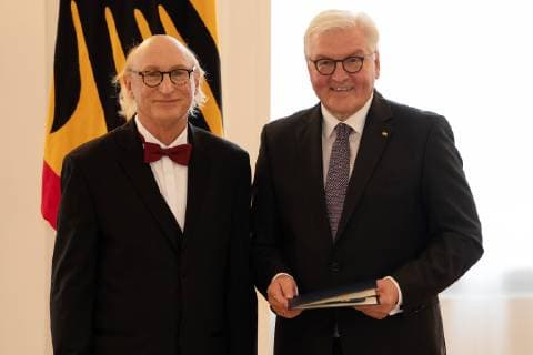Otto Waalkes Frank Walter Steinmeier Federal Cross of Merit awarded by Federal President Frank Walter Steinmeier to a total of 29 personalities at Schloss Bellevue Order of Merit of the Federal Republic of Germany Berlin Berlin Germany Schloss Bellevue