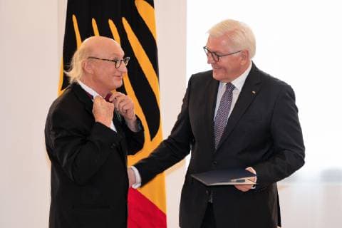 Otto Waalkes Frank Walter Steinmeier Federal Cross of Merit awarded by Federal President Frank Walter Steinmeier to a total of 29 personalities at Schloss Bellevue Order of Merit of the Federal Republic of Germany Berlin Berlin Germany Schloss Bellevue