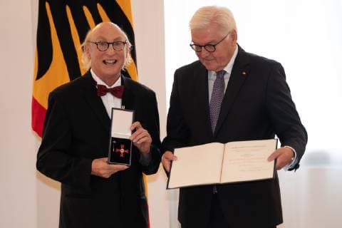 Otto Waalkes Frank Walter Steinmeier Federal Cross of Merit awarded by Federal President Frank Walter Steinmeier to a total of 29 personalities at Schloss Bellevue Order of Merit of the Federal Republic of Germany Berlin Berlin Germany Schloss Bellevue