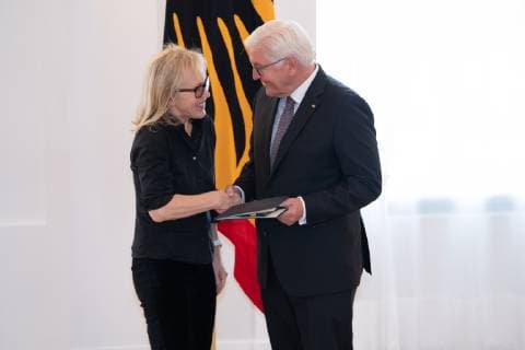 Annette Humpe Frank Walter Steinmeier Federal Cross of Merit awarded by Federal President Frank Walter Steinmeier to a total of 29 personalities at Schloss Bellevue Order of Merit of the Federal Republic of Germany Berlin Berlin Germany Schloss Bellevue