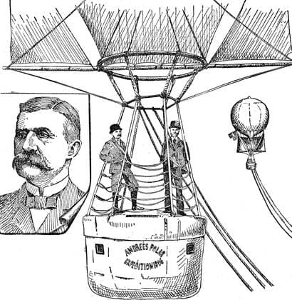 Andree Polar Expedition balloon gondola hydrogen balloon Salomon August Andree a Swedish engineer physicist aeronaut and polar explorer 1880 woodcut Sweden Europe Copyright: imageBROKER/BAO iblsce04743295.jpg