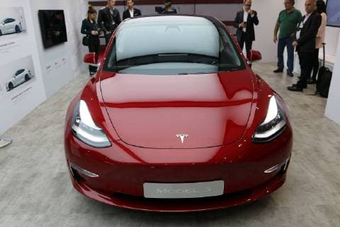 Tesla Model 3 electric car Mondial Paris Motor Show 2018 04 10 14 10 2018 press days 02 03 10 2018 Mondial de l ™ Auto l ™ Automobile Paris Expo Porte de Versailles Paris France Paris Motor Show Exhibition