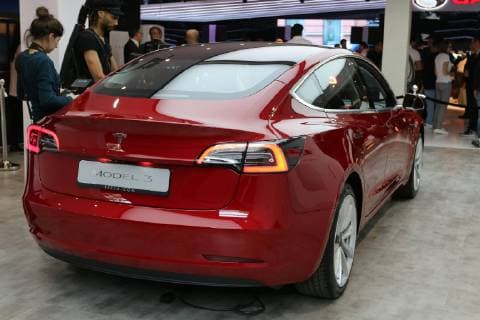 Tesla Model 3 electric car Mondial Paris Motor Show 2018 04 10 14 10 2018 press days 02 03 10 2018 Mondial de l ™ Auto l ™ Automobile Paris Expo Porte de Versailles Paris France Paris Motor Show Exhibition