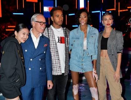 (L-R)Japanese actress Fumi Nikaido, fashion designer Tommy Hilfiger, racing driver Lewis Hamilton, model Winnie Harlow and Hailey Baldwin attend the event Tommy Hilfiger Presents Tokyo Icons in Tokyo, Japan on October 8, 2018.  TKP2018100813 KEIZOxMORI