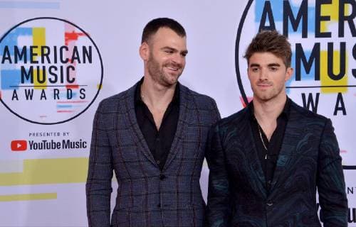 Alex Pall (L) and Andrew Taggart of The Chainsmokers arrive for the 46th annual American Music Awards at the Microsoft Theater in Los Angeles on October 9, 2018.  LAP20181009211 JIMxRUYMEN