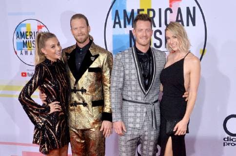 (L-R) Brittney Marie Kelley, Brian Kelley and Tyler Hubbard of Florida Georgia Line, and Hayley Hubbard arrive for the 46th annual American Music Awards at the Microsoft Theater in Los Angeles on October 9, 2018.  LAP20181009479 JIMxRUYMEN