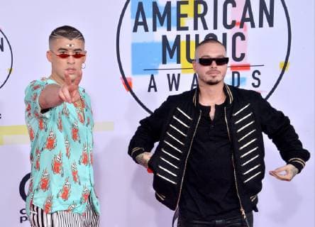 Bad Bunny (L) and J Balvin arrive for the 46th annual American Music Awards at the Microsoft Theater in Los Angeles on October 9, 2018.  LAP20181009488 JIMxRUYMEN